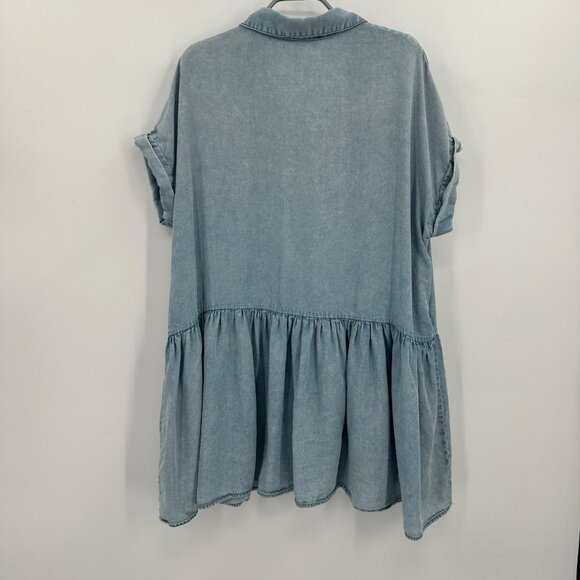 Mustard Seed Chambray Shirt Mini Dress Size L Boutique Swing Collared Lyocell - Picture 7 of 7